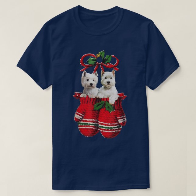 Two Westie Dog Inside Gloves Christmas Ornament  P T-Shirt (Design Front)