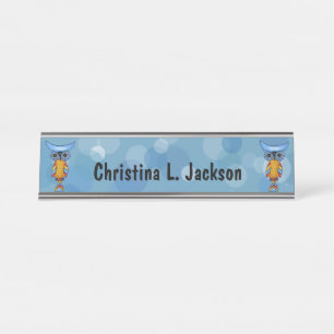 Two Whimsical Owls Colourful Feathers Blue Circles Desk Name Plate