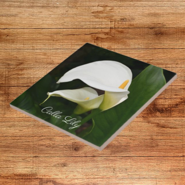 Two White Calla Lilies Floral Ceramic Tile (In Situ)