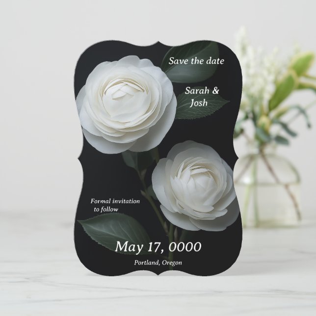 Two white camellias on black Flat Card (Standing Front)