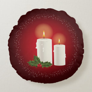 Two White Candles On Red With Christmas Holly Round Cushion