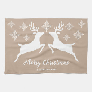 Two White Deer On Beige With Snowflakes & Text Tea Towel