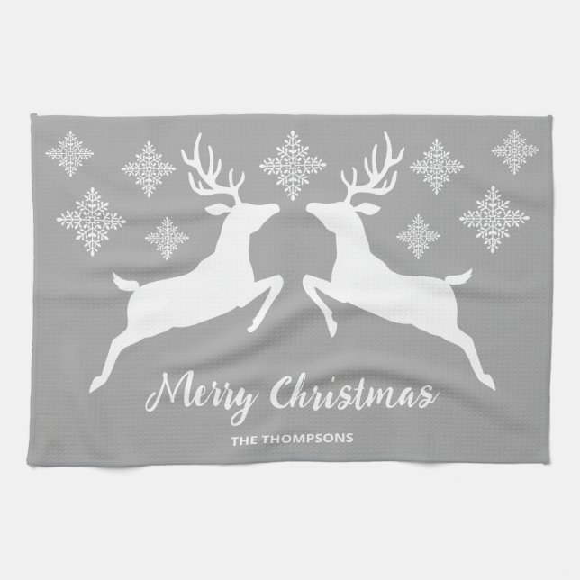 Two White Deer On Grey With Snowflakes & Text Tea Towel (Horizontal)