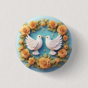 Two White Doves Amidst a Floral Pattern 3 Cm Round Badge