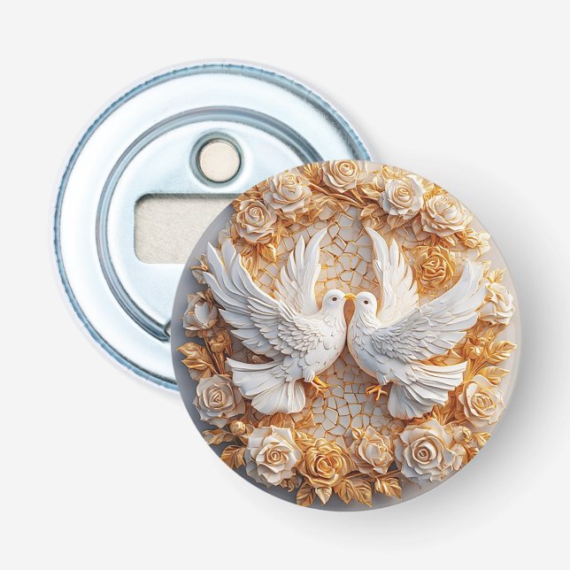Two White Doves Amidst a Floral Pattern Bottle Opener (Front)