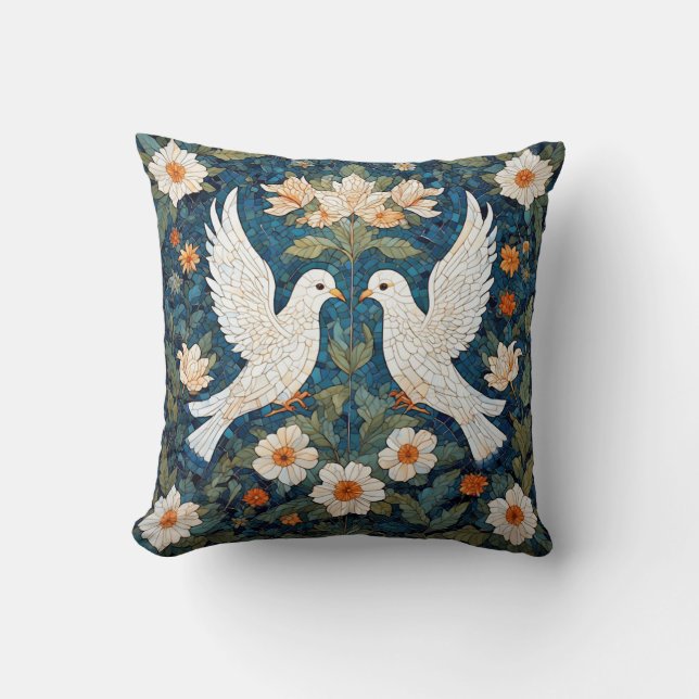 Two White Doves Amidst a Floral Pattern Cushion (Front)