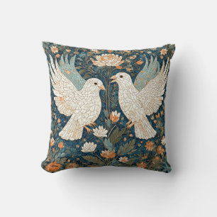 Two White Doves Amidst a Floral Pattern Cushion