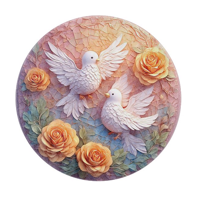 Two White Doves Amidst a Floral Pattern Cutting Board (Front)