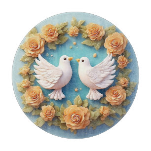 Two White Doves Amidst a Floral Pattern Cutting Board
