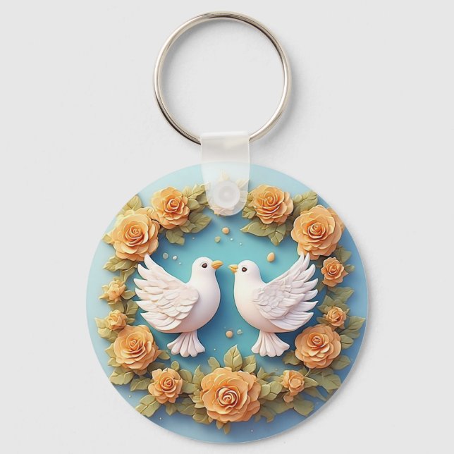 Two White Doves Amidst a Floral Pattern Key Ring (Front)