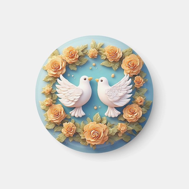 Two White Doves Amidst a Floral Pattern Magnet (Front)