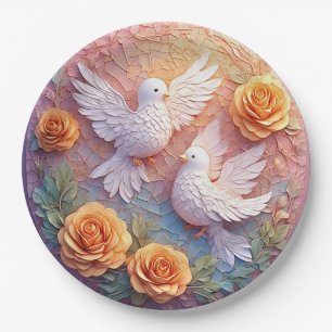 Two White Doves Amidst a Floral Pattern Paper Plate