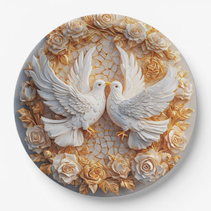 Two White Doves Amidst a Floral Pattern Paper Plate