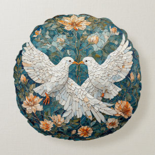 Two White Doves Amidst a Floral Pattern Round Cushion