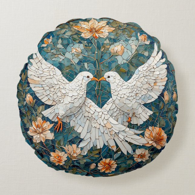 Two White Doves Amidst a Floral Pattern Round Cushion (Front)