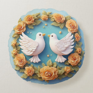 Two White Doves Amidst a Floral Pattern Round Cushion