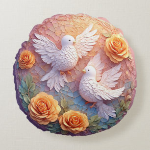 Two White Doves Amidst a Floral Pattern Round Cushion