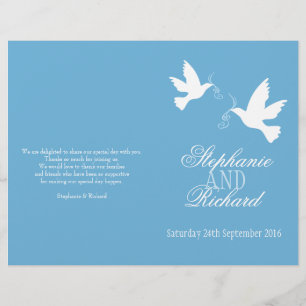 Two white doves blue ribbon Wedding Programme
