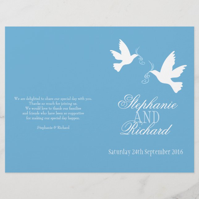 Two white doves blue ribbon Wedding Programme (Front)