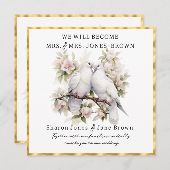 Two White Doves Lesbian Wedding Invitation (Front/Back)