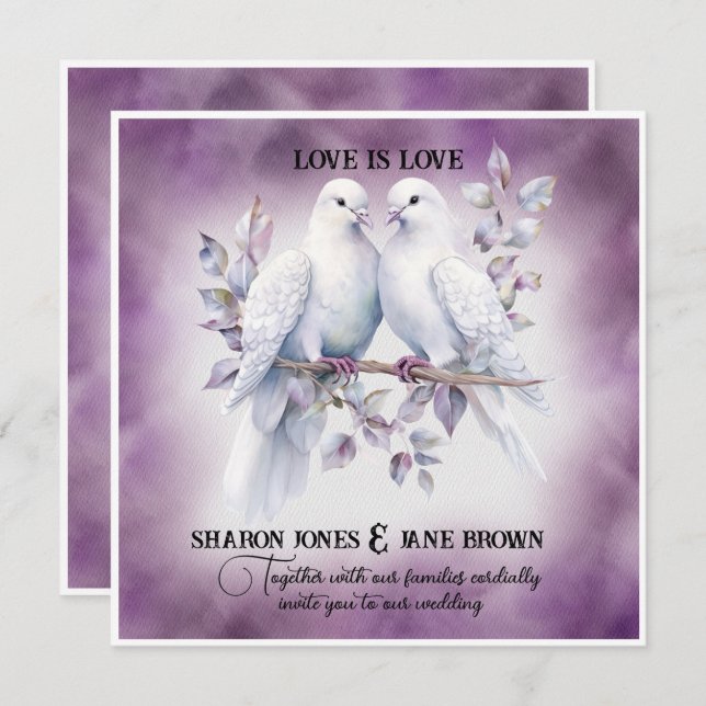 Two White Doves Lesbian Wedding Invitation (Front/Back)