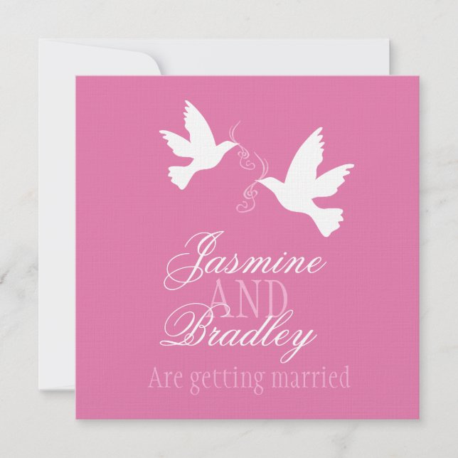 Two white doves pink ribbon square wedding invite (Front)