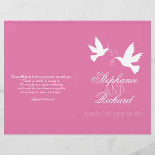 Two white doves pink ribbon Wedding Programme