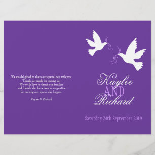 Two white doves purple ribbon Wedding Programme