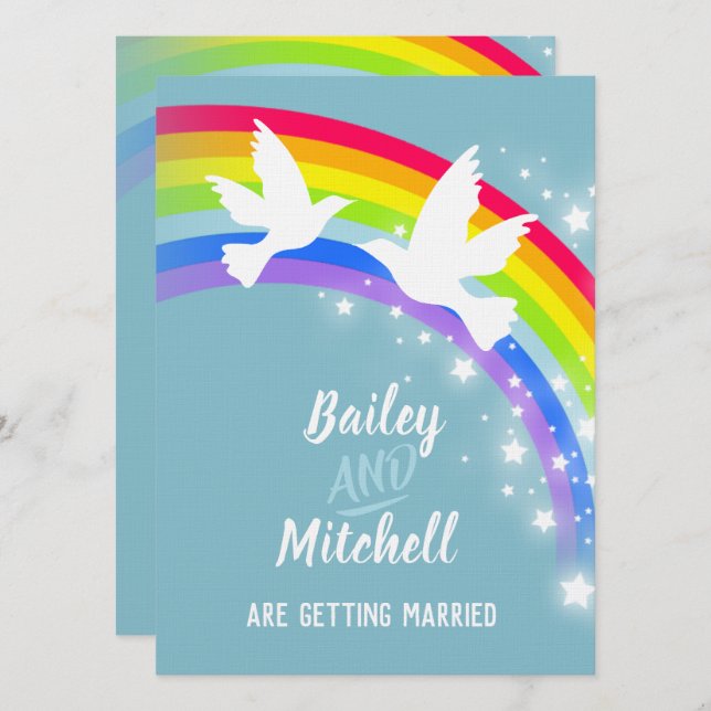 Two white doves rainbow wedding teal invites (Front/Back)