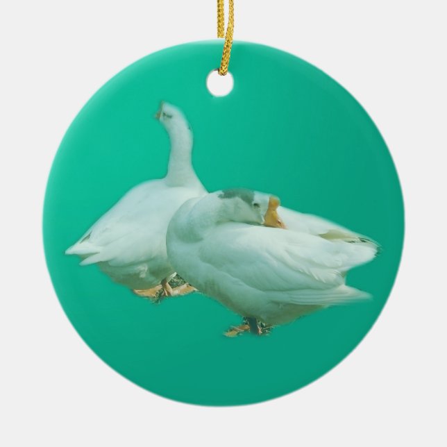 two white geese in blue background ceramic ornament (Front)