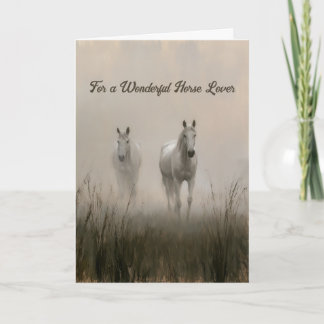 Two White Horses in a Misty Meadow Painting Card