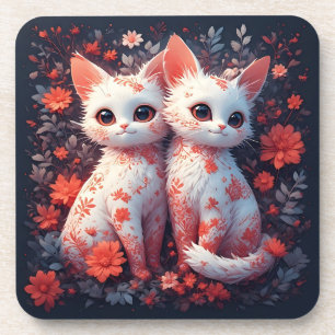 Two White Kittens and flowers Coaster