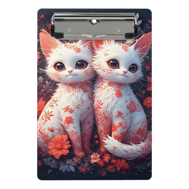 Two White Kittens and flowers Mini Clipboard (Front)