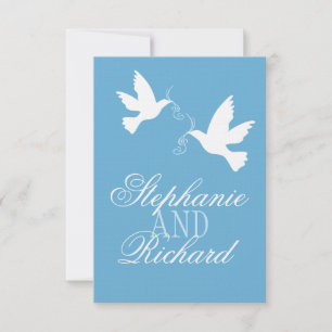 Two white love birds blue formal wedding RSVP Card