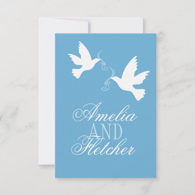 Two white love birds blue formal wedding RSVP Card (Front)