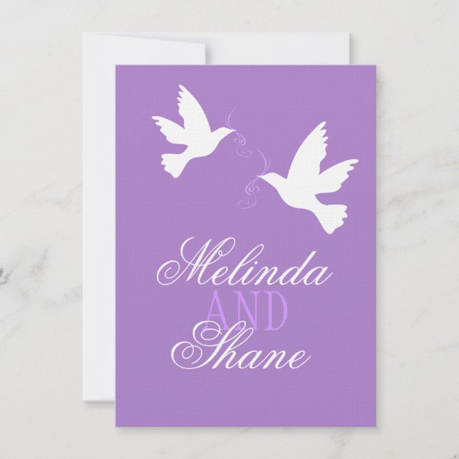 Two white love birds purple formal wedding RSVP Invitation (Front)