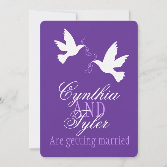 Two white love birds purple wedding invite (Front)