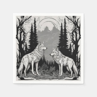 TWO WHITE MAGICAN WOLF AT NIGHT NAPKIN