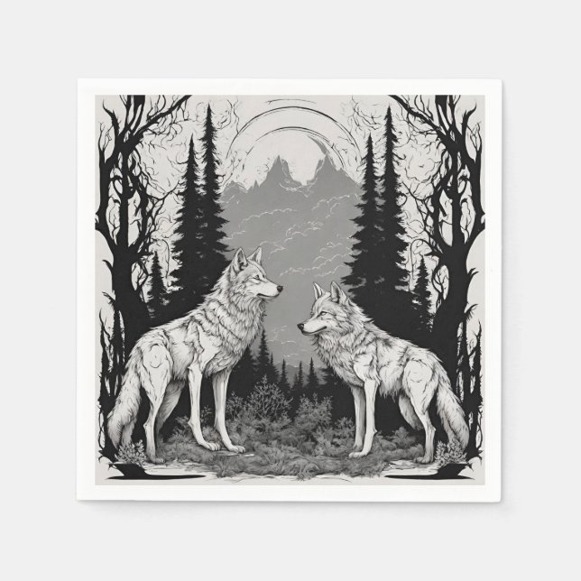 TWO WHITE MAGICAN WOLF AT NIGHT NAPKIN (Front)