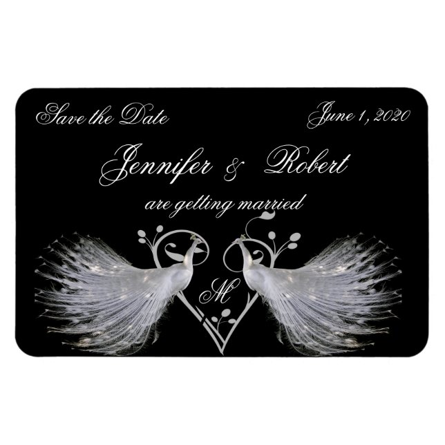 Two White Peacocks and Heart Monogram Magnet (Horizontal)