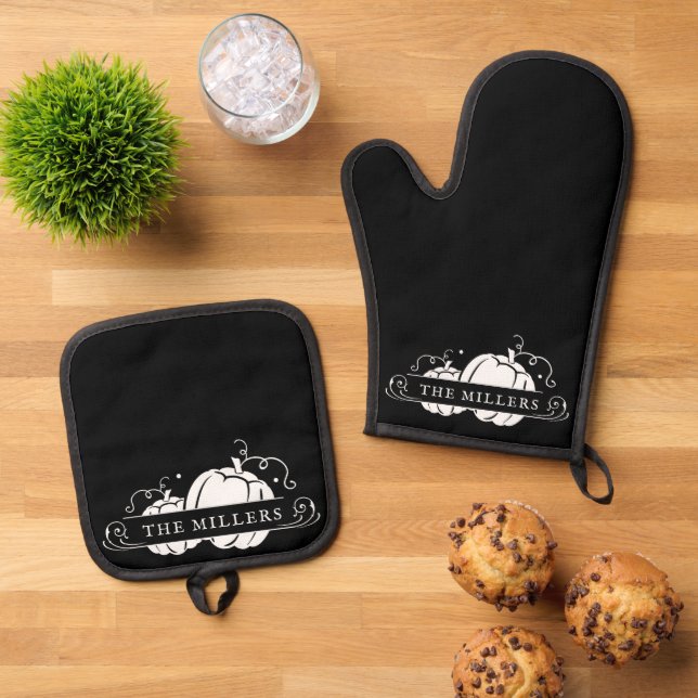 Two White Pumpkins Personalised Oven Mitt & Pot Holder Set (Top Down)