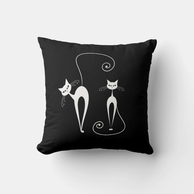 Two White Stylised Cats on Black Cushion (Front)
