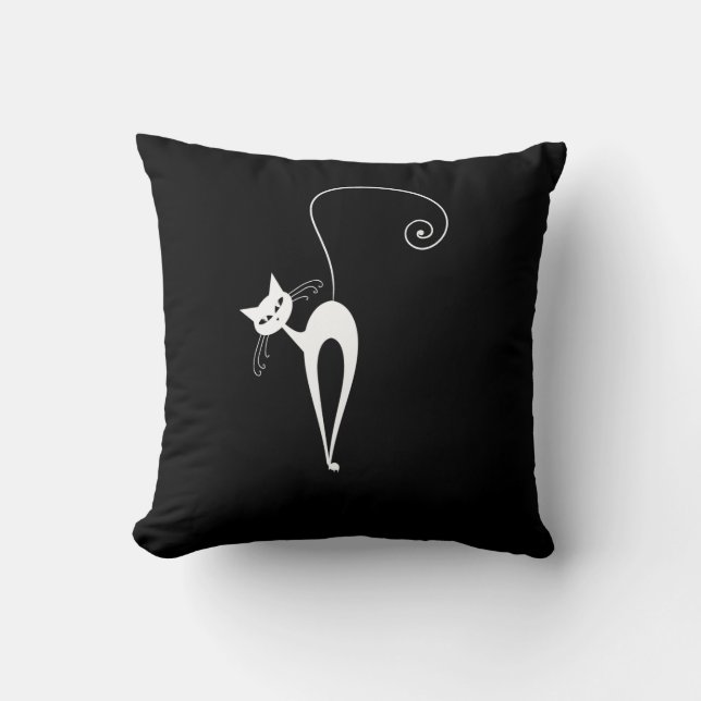 Two White Stylised Cats on Black Cushion (Front)