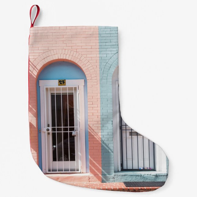 TWO WHITE WOODEN DOORS WITH GRILLS SMALL CHRISTMAS STOCKING (Front)