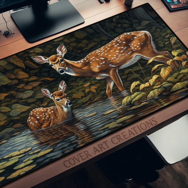 Two Whitetail Deer Cooling Off In The Brook Desk Mat (Creator Uploaded)
