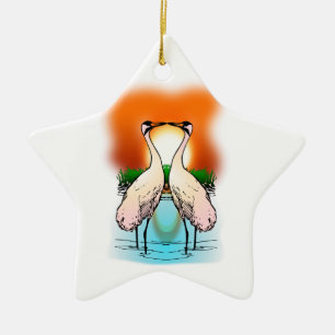 Two Whooping Cranes at Sunset Ceramic Tree Decoration