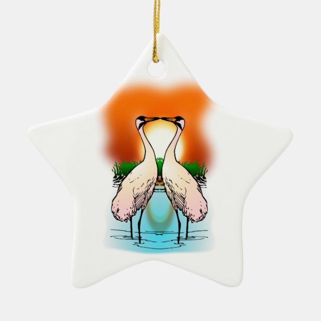 Two Whooping Cranes at Sunset Ceramic Tree Decoration (Front)