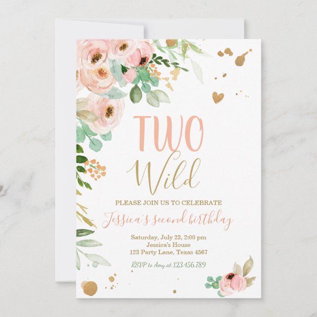 Two Wild 2nd Birthday Invitation Floral Pink Gold (Front)