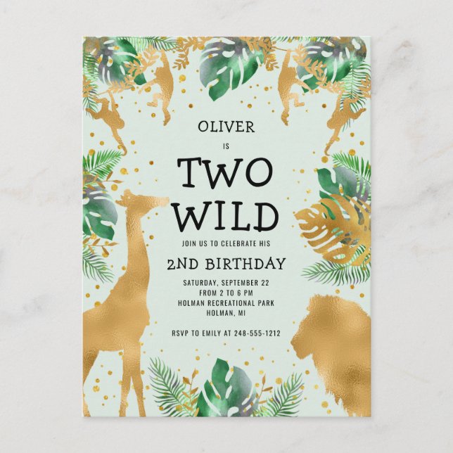 Two Wild 2nd Birthday Party Pale Green Gold Safari Postcard (Front)
