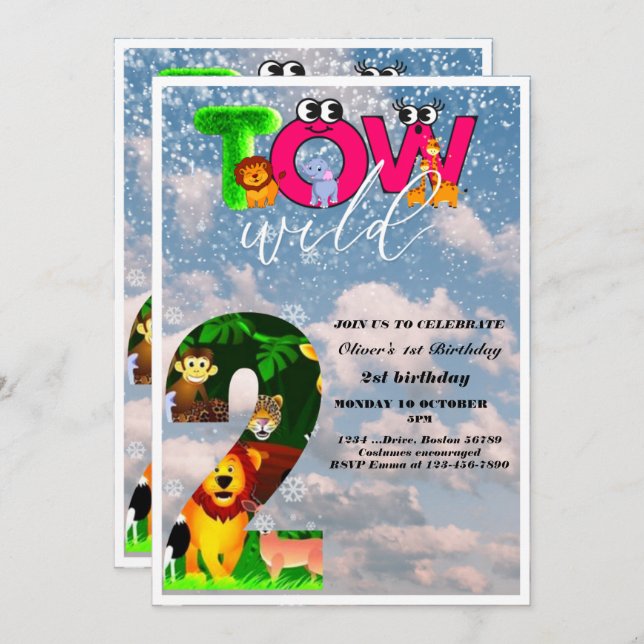 Two Wild 2nd Birthday Party Safari Animals Party   Invitation (Front/Back)